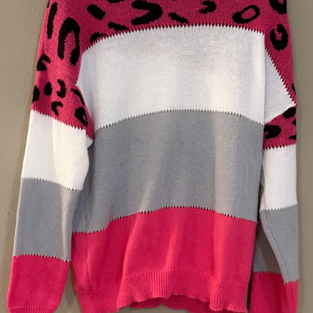 Pink and Gray Leopard Print Sweater